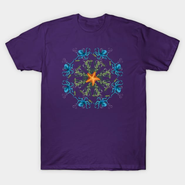 Octopus Mandala with Seaweed and Sea Star T-Shirt by Taggle Doodles